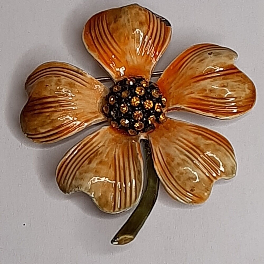 Vintage HAR Signed Enamel & Rhinestone Orange Flower Brooch Pin floral AS IS